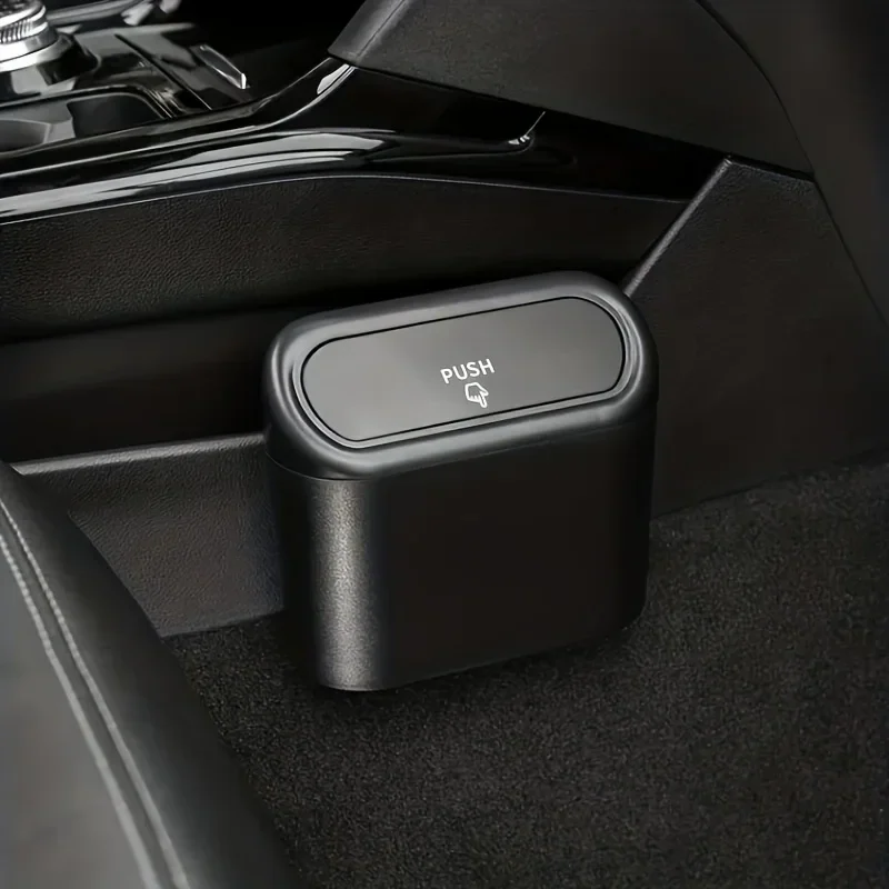 Mini car trash bin with push lid, black — representative supplier photograph