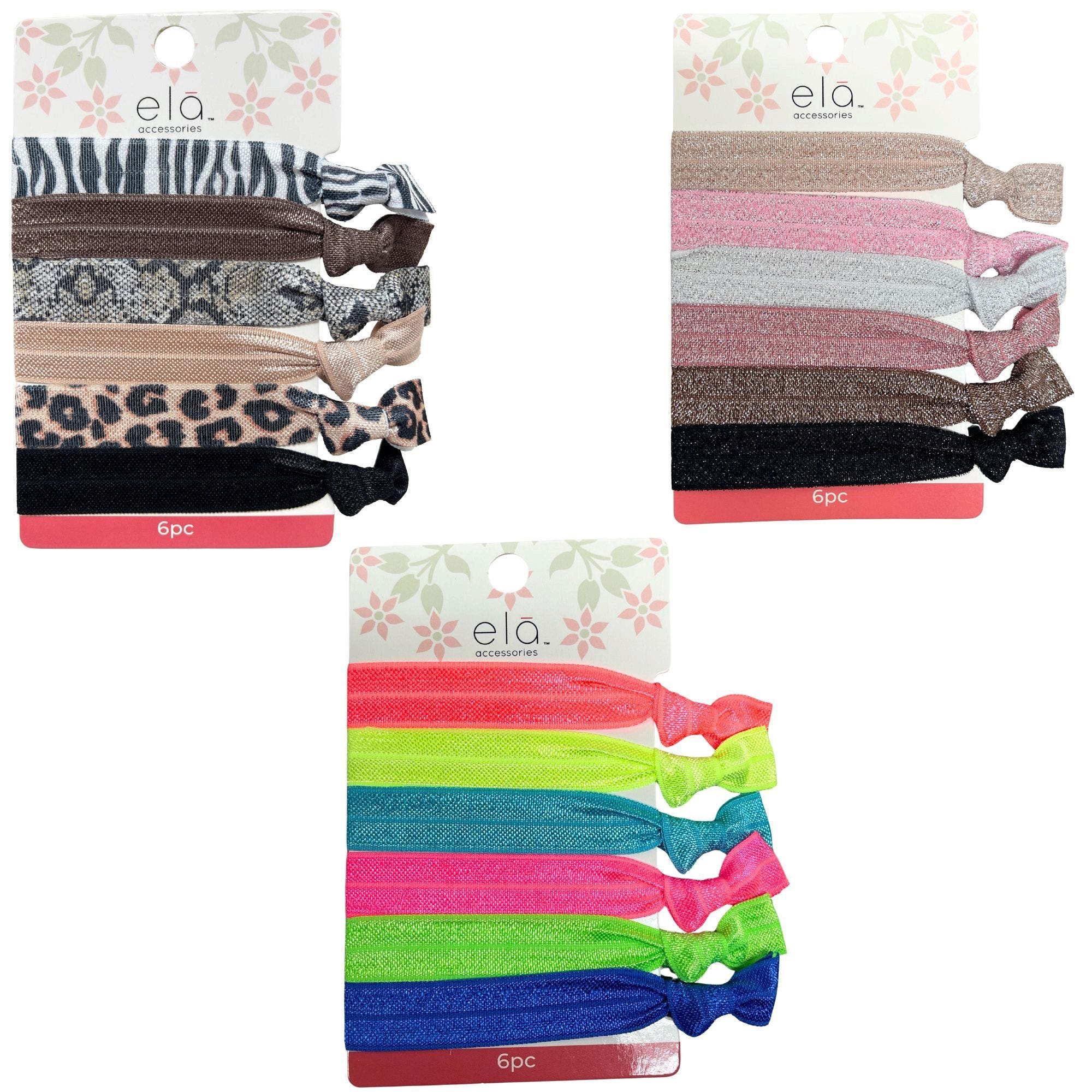 Bulk 36-Pack: Ela 6 Pack Elastic Hair Ties with Knot Closures in Assorted Colors and Deisgns