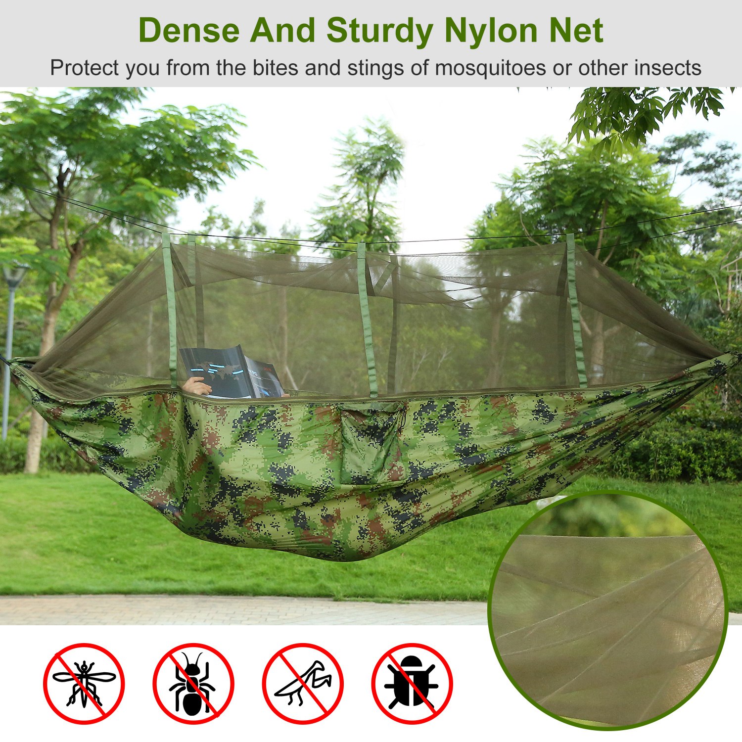 Camping Hammock, Portable Double Hammock With Net — Camouflage