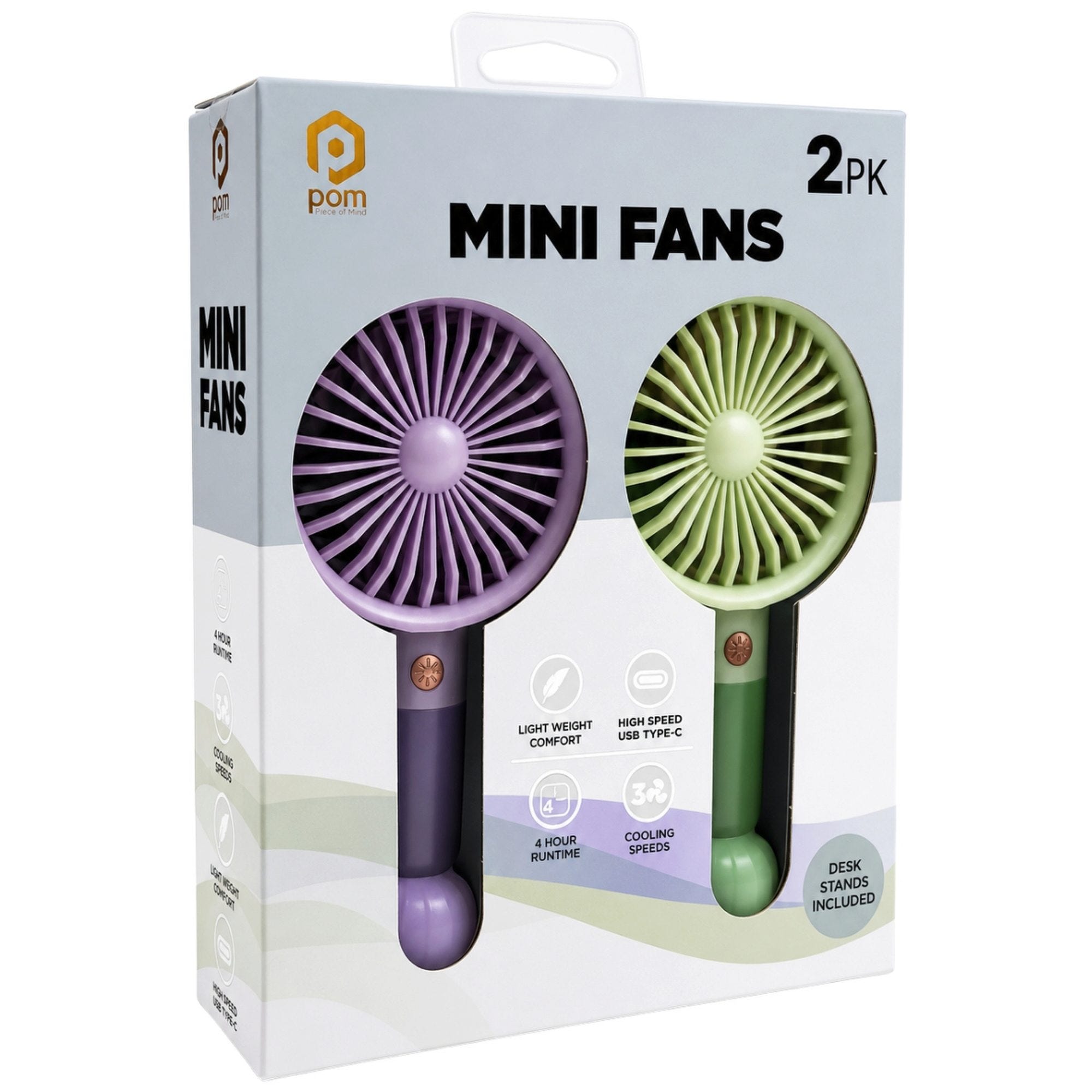 2 Pack POM Gear Rechargeable 3-Speed Mini Fan with Desk Stand in Lavender & Green (pack of 6)