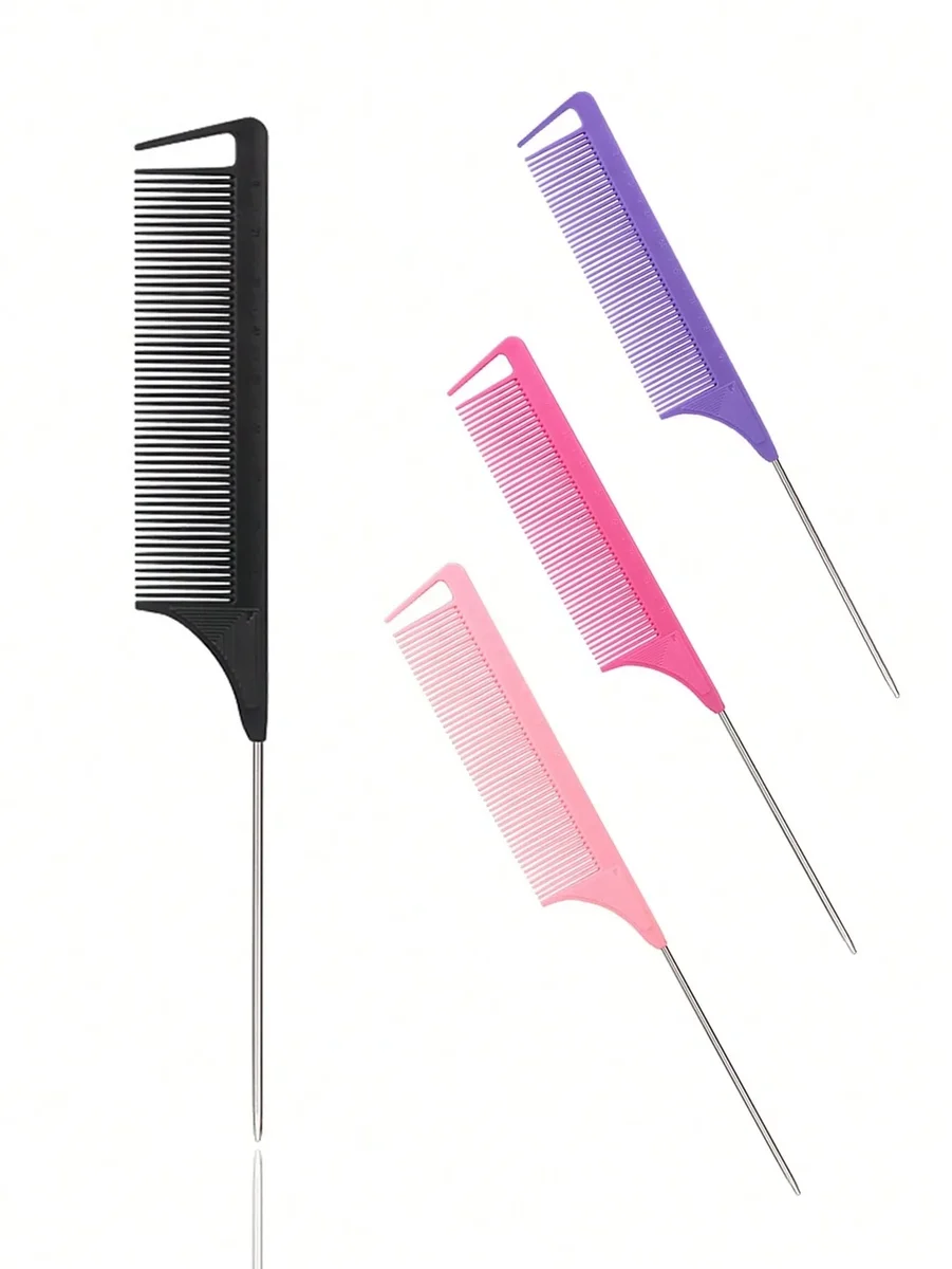 Rat tail comb with stainless steel pin for parting and sectioning — representative supplier photograph