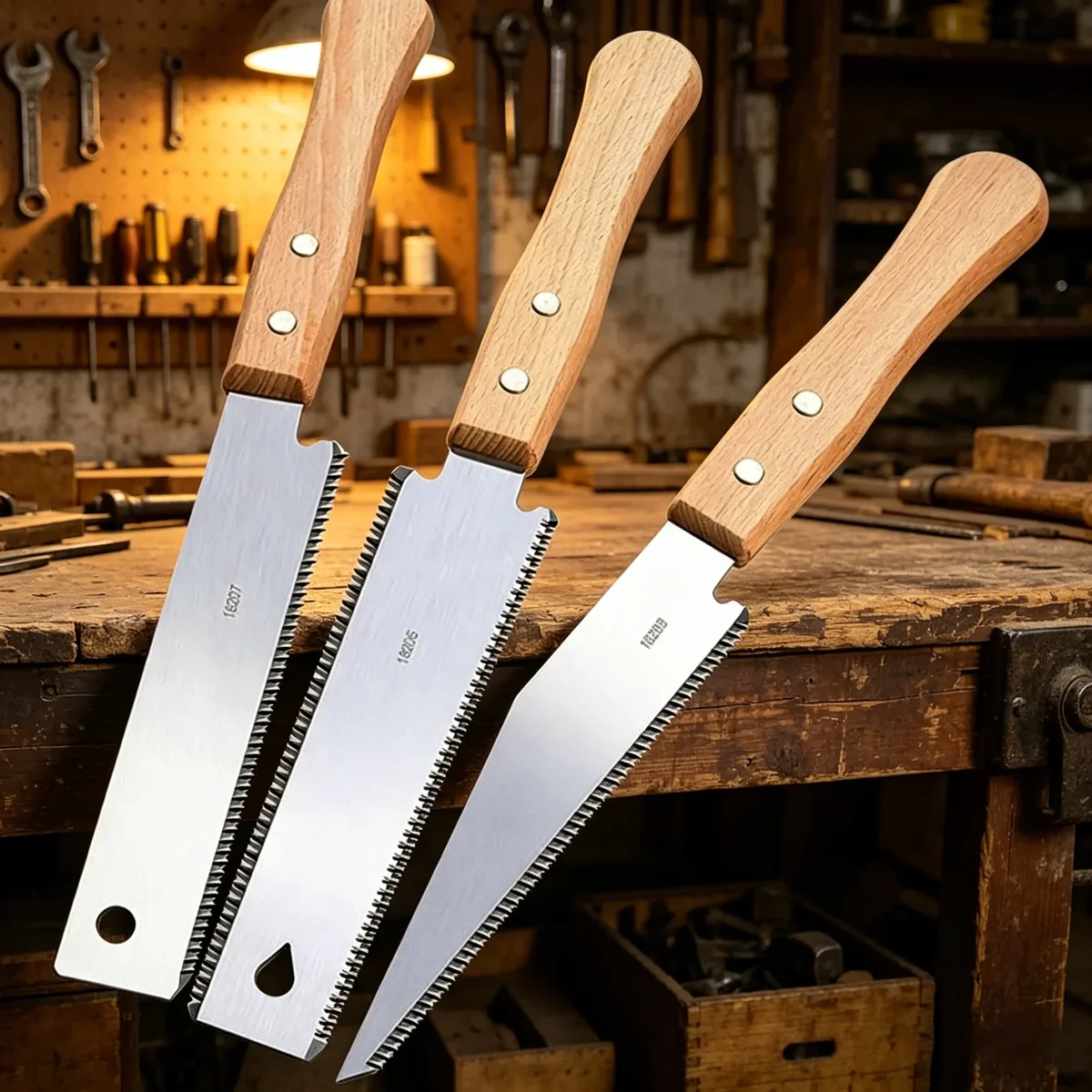 Japanese-style pull saw, double-sided teeth, wooden handle — representative supplier photograph