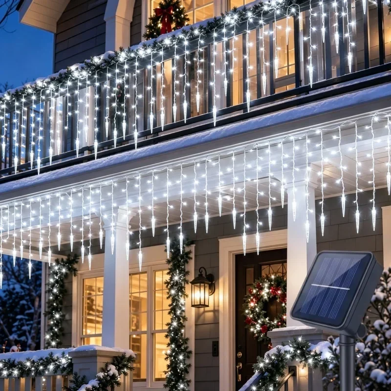 Solar icicle string lights for eaves and fences, 96 or 162 LEDs — representative supplier photograph
