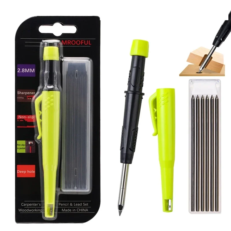 Deep-hole carpenter pencil with refill leads and sharpener — representative supplier photograph