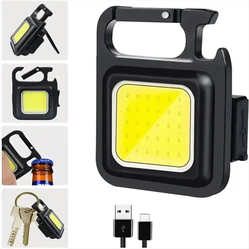 Rechargeable COB keychain work light with magnet and folding stand — representative supplier photograph