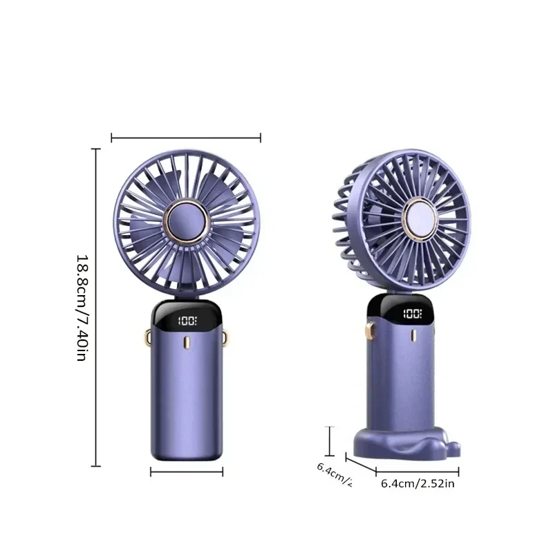 Rechargeable handheld fan with neck lanyard, 5 speeds and battery display