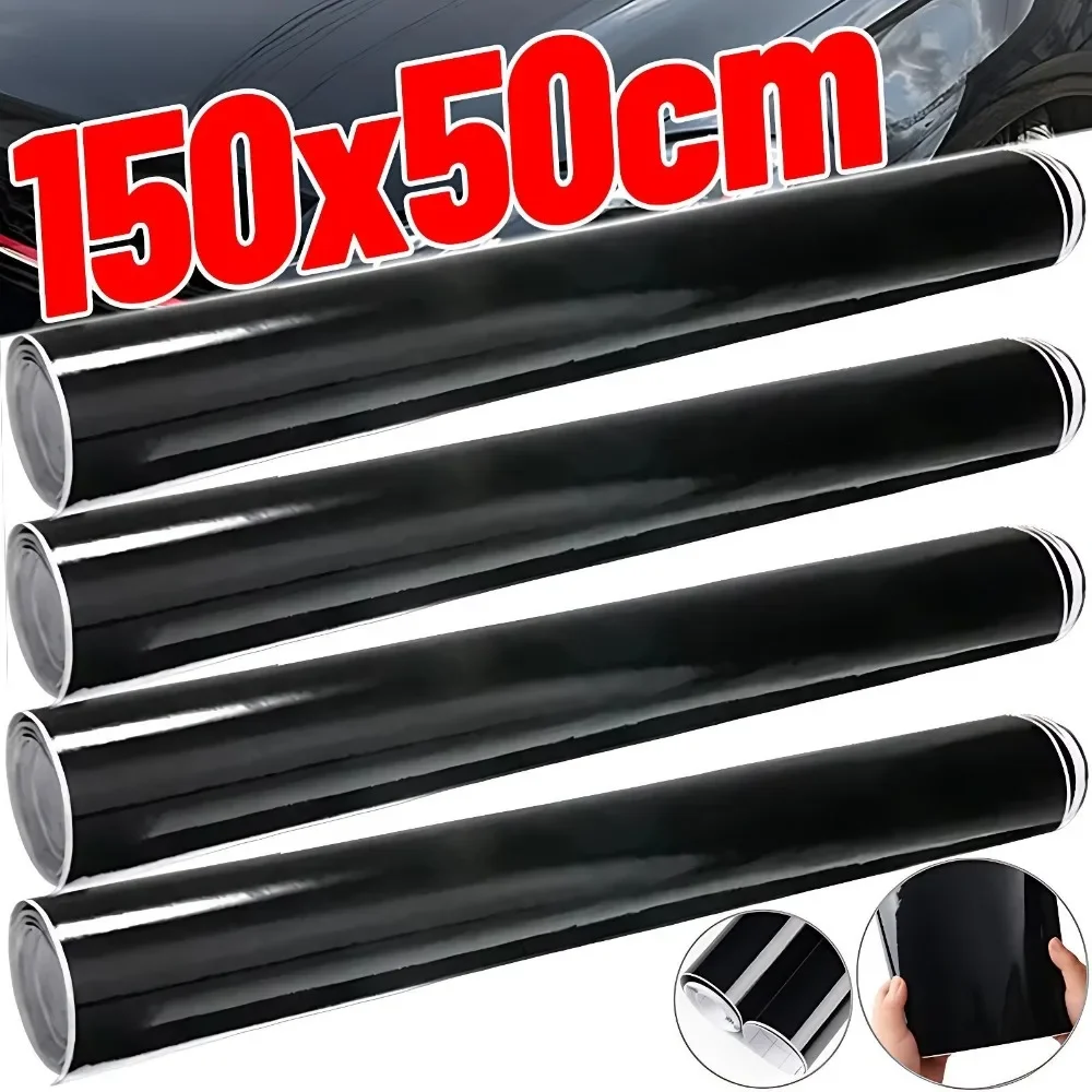 Gloss black self-adhesive vinyl wrap film, 150 cm long — representative supplier photograph