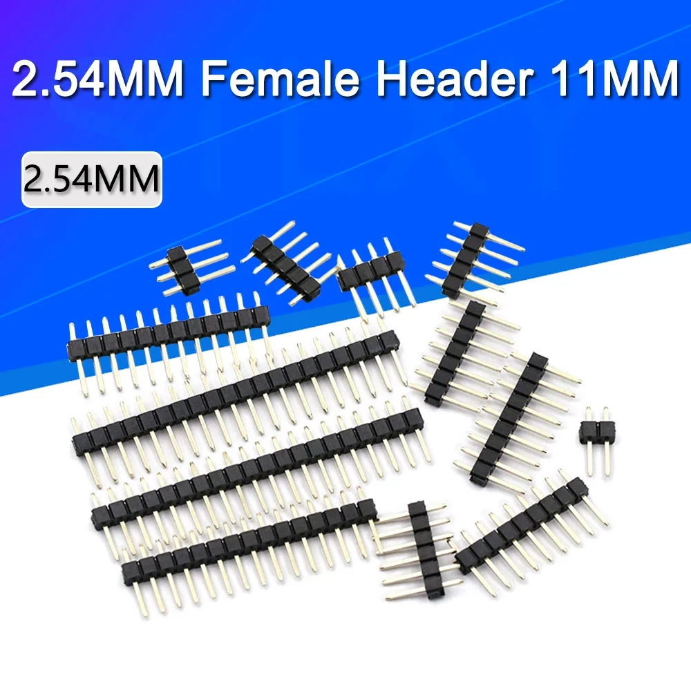 2.54 mm male pin header strips for circuit boards, packs of 10 to 50 — representative supplier photograph
