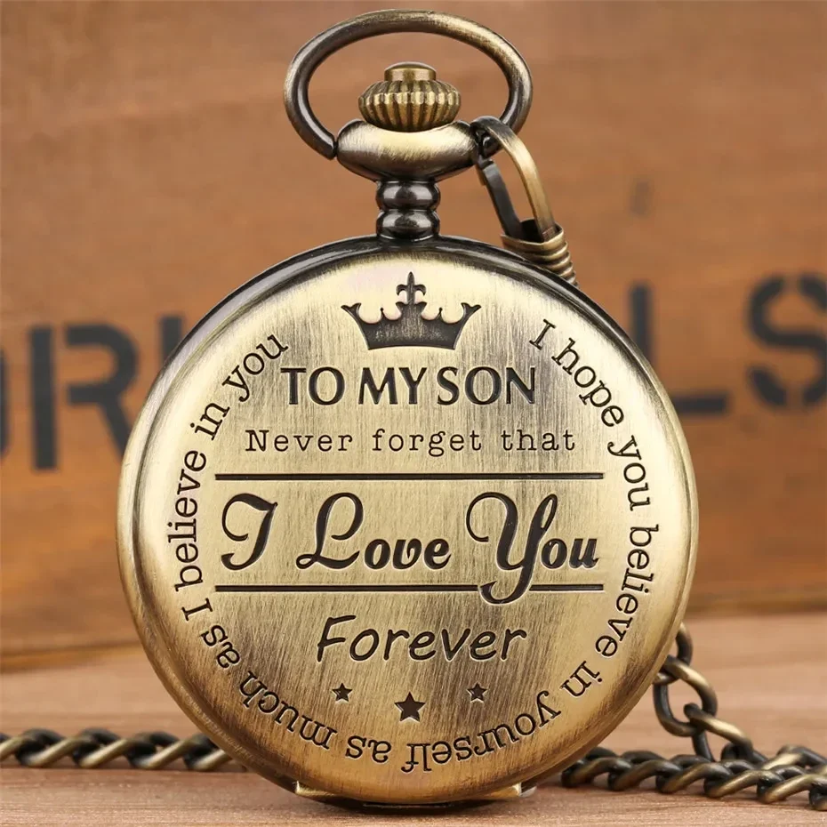 To My Son engraved quartz pocket watch with chain, bronze tone — representative supplier photograph