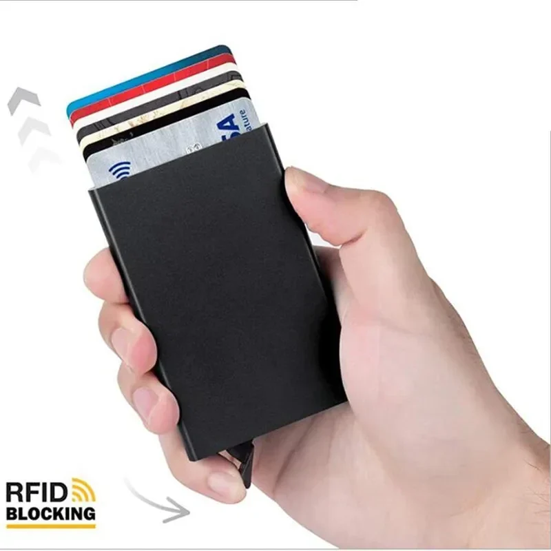 Slim aluminium pop-up card holder, holds 5 to 6 cards — representative supplier photograph