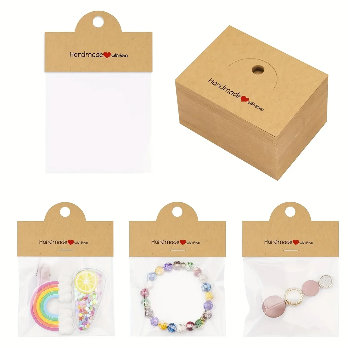 Jewelry display cards with clear bags, 50 kraft cards and 50 bags — representative supplier photograph