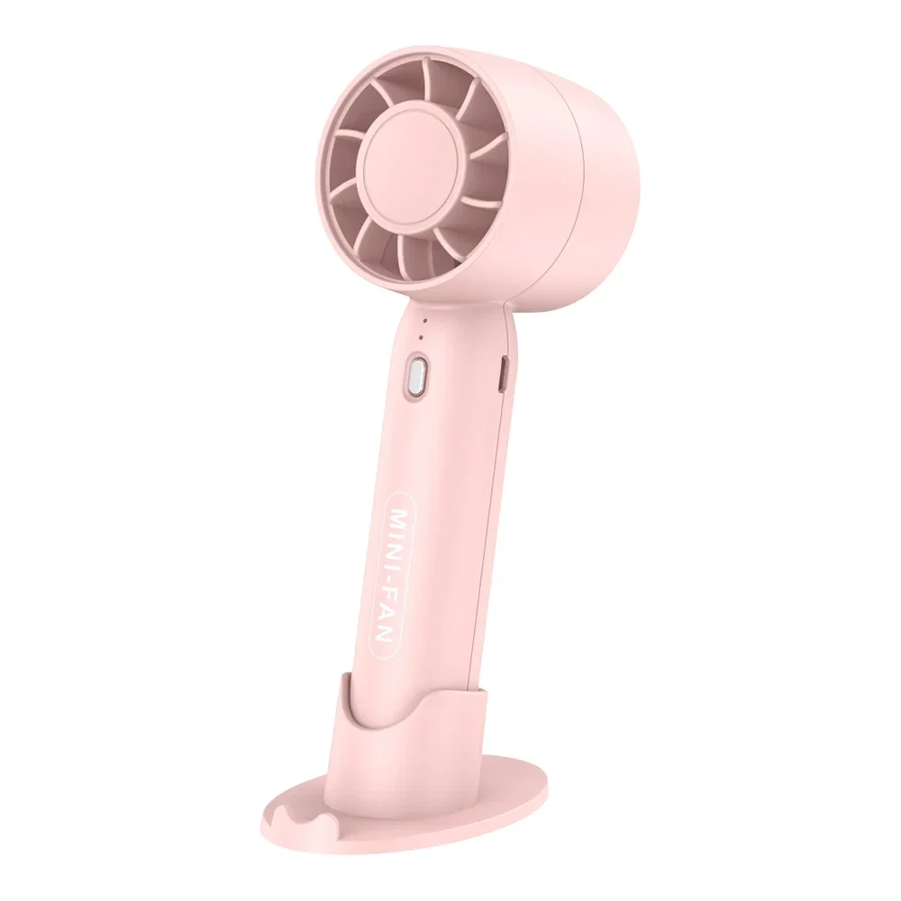 Turbo-style rechargeable handheld fan with fold-out desk stand