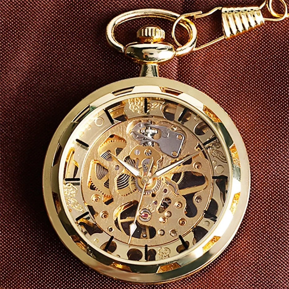 Hand-winding skeleton pocket watch with chain, open face — representative supplier photograph