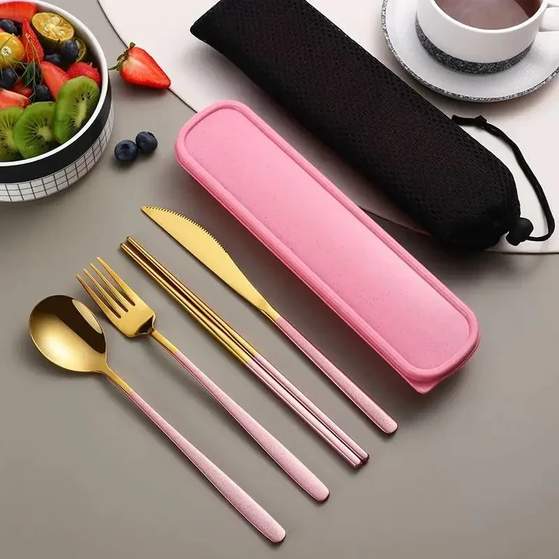 Travel cutlery set in a case: knife, fork, spoon and chopsticks — representative supplier photograph