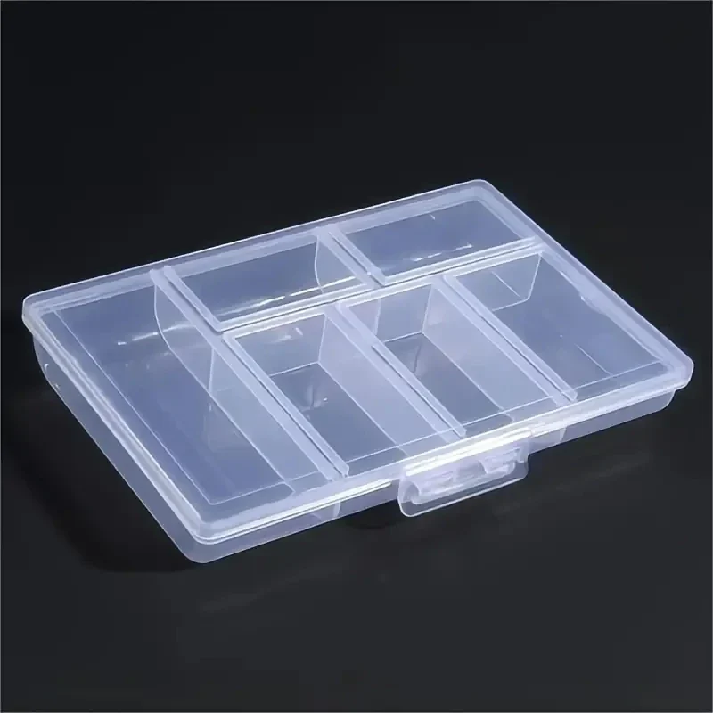 Clear 6-compartment storage box with double clasp, 13 x 8.5 cm