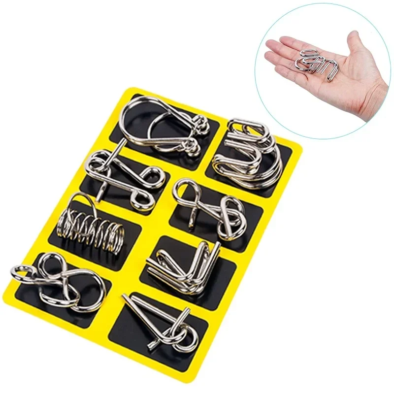 Metal wire brain teaser puzzles, set of 8 in a case — representative supplier photograph