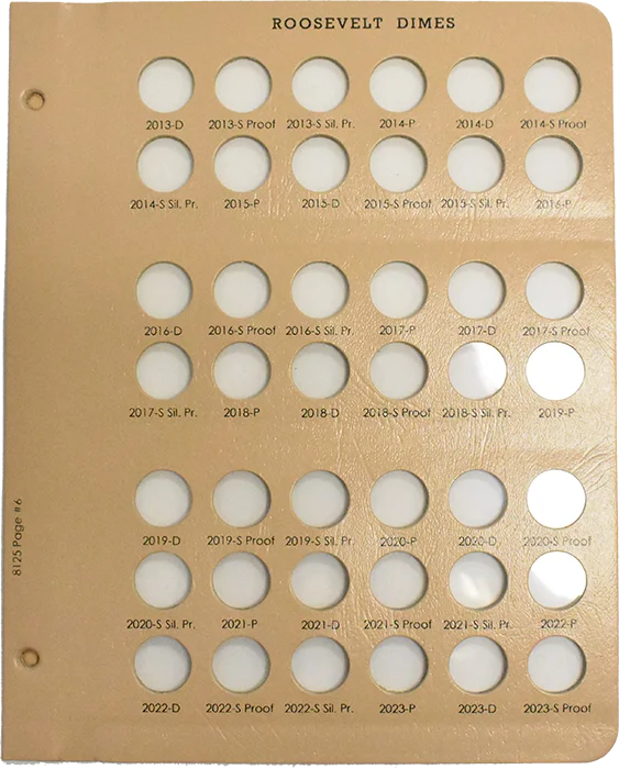 Roosevelt Dimes with Proof Replacement Page 6 2013 D-2023 S Pr