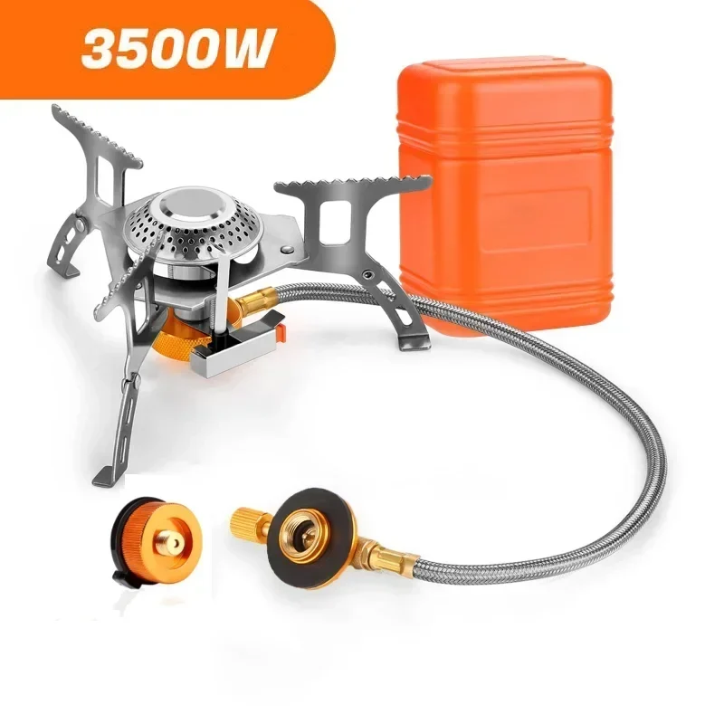 Folding backpacking gas stove with hose, igniter and canister adapter — representative supplier photograph