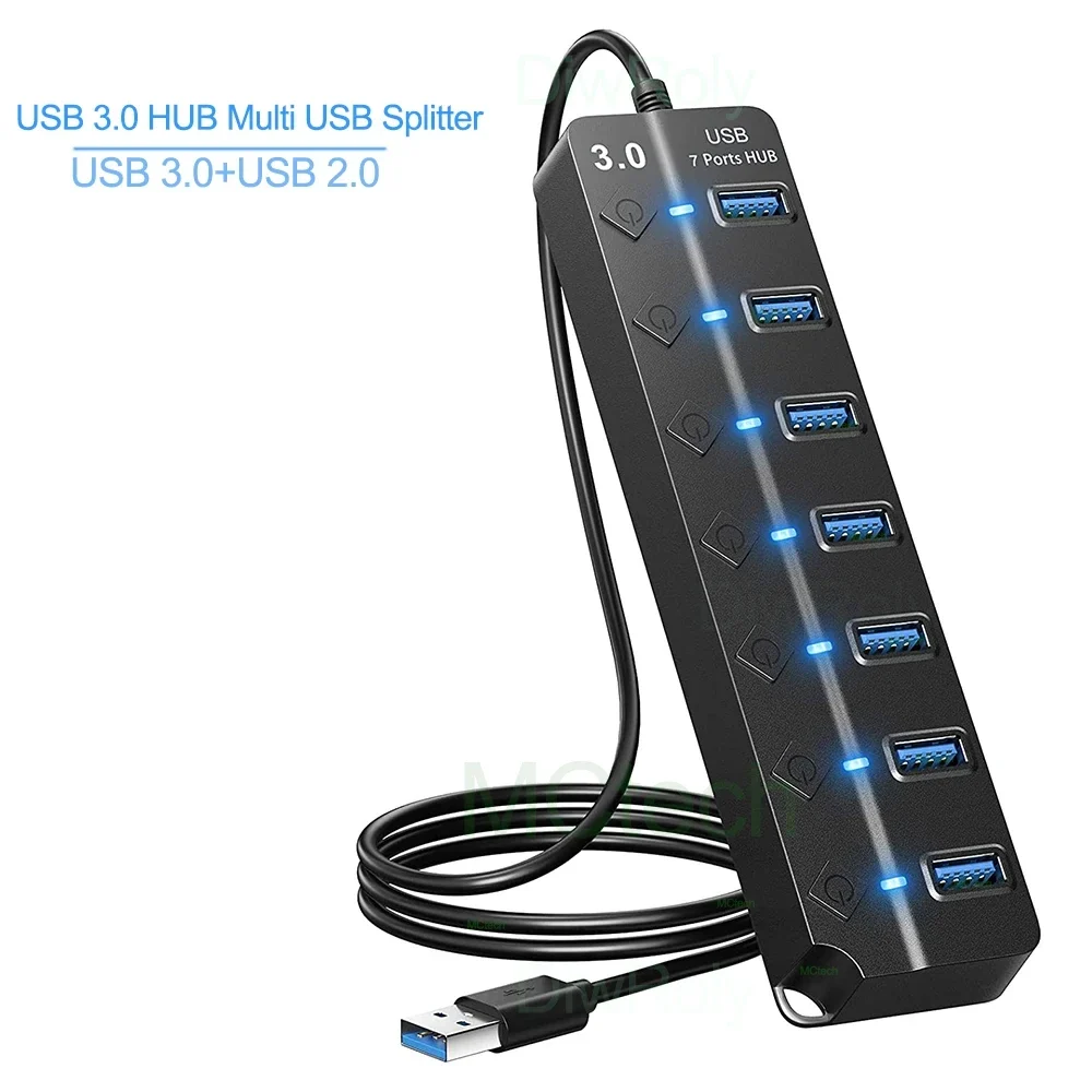 Powered-switch USB 3.0 hub with 1 m cable, 4 or 7 ports — representative supplier photograph