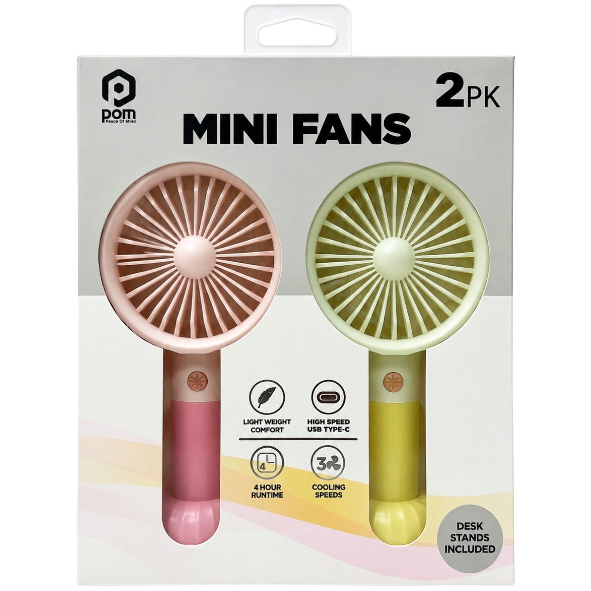2 Pack POM Gear Rechargeable 3-Speed Mini Fan with Desk Stand in Pink & Yellow (pack of 6)