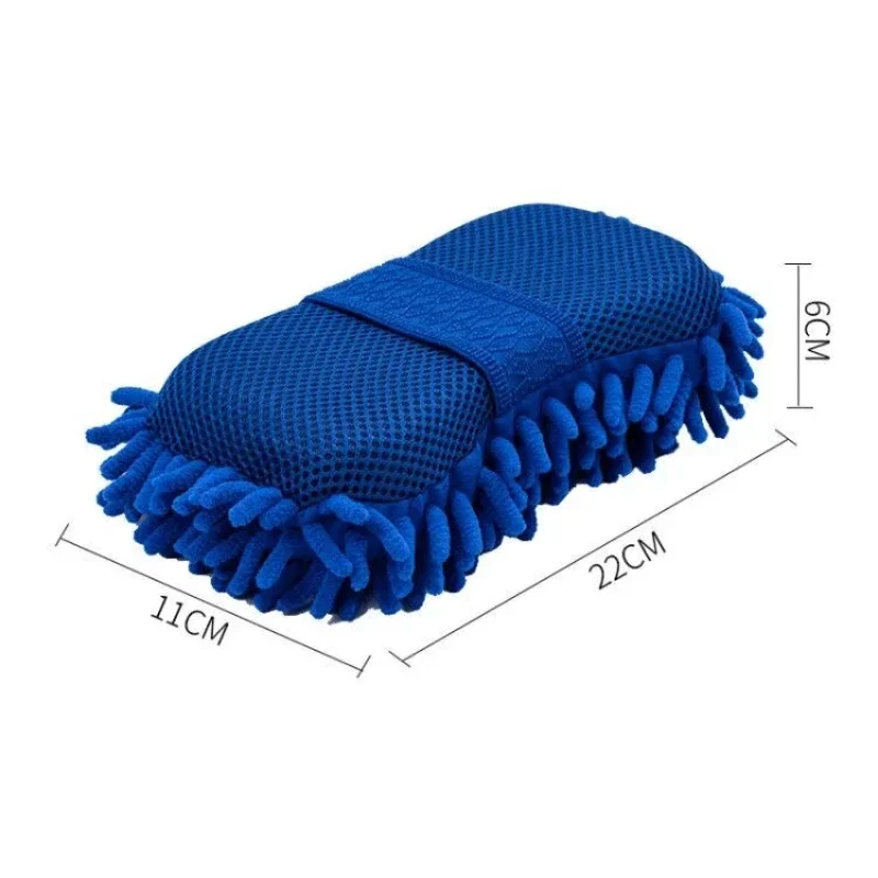 Chenille microfiber car wash sponge with hand strap, blue