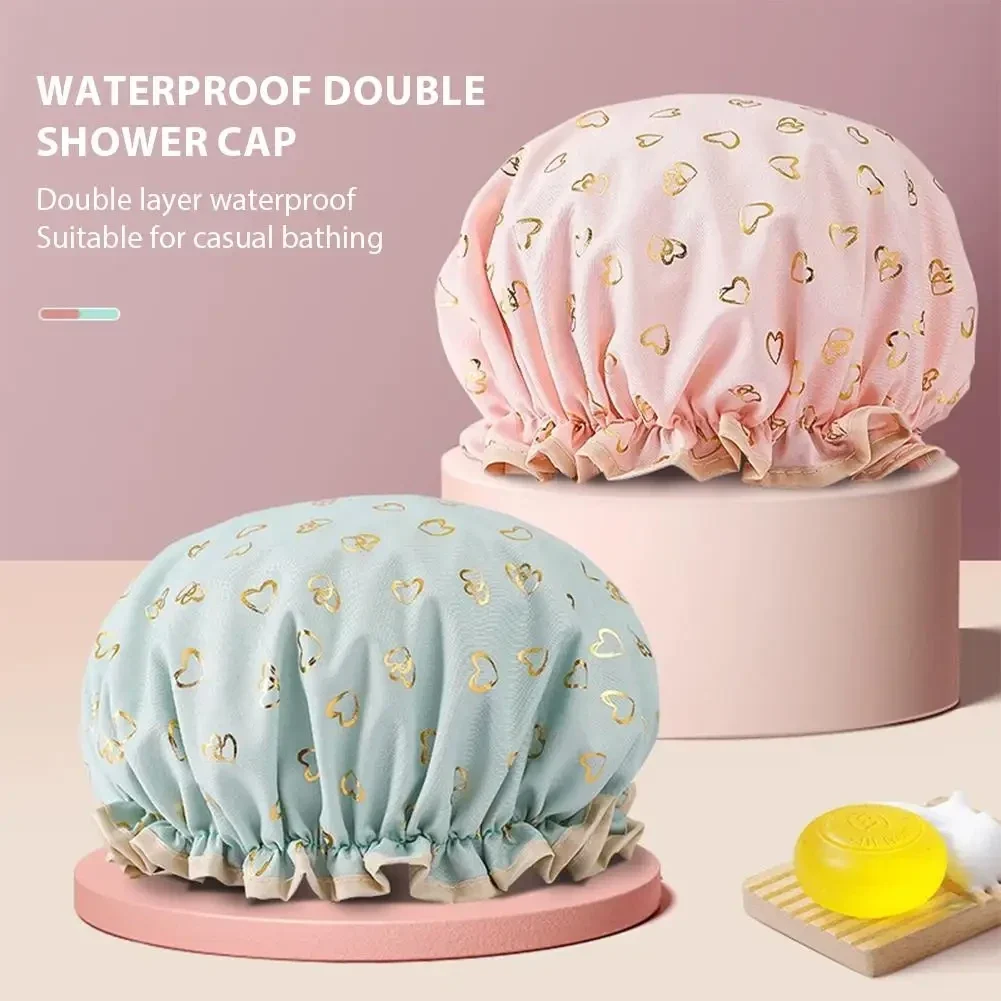 Double-layer reusable shower cap with ruffled edge, pink — representative supplier photograph