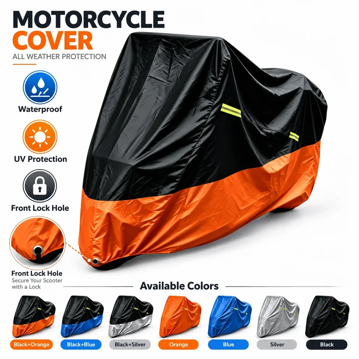 Waterproof motorcycle cover with lock holes, M to 4XL — representative supplier photograph