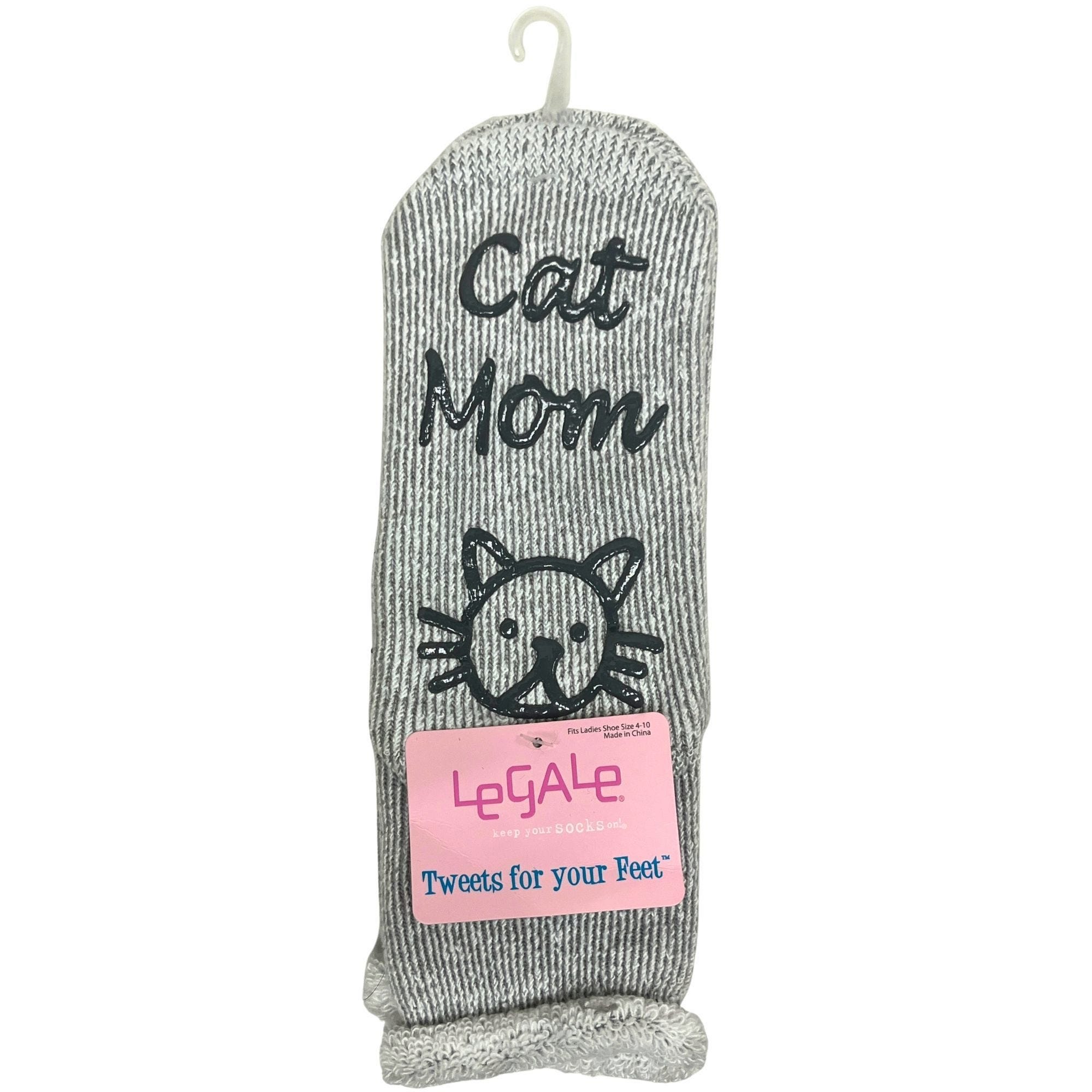 Bulk 24-Pack: Legale 1 Pair Cozy Socks "Cat Mom" w/ Grip Grey Ladies Shoe Size 4-10