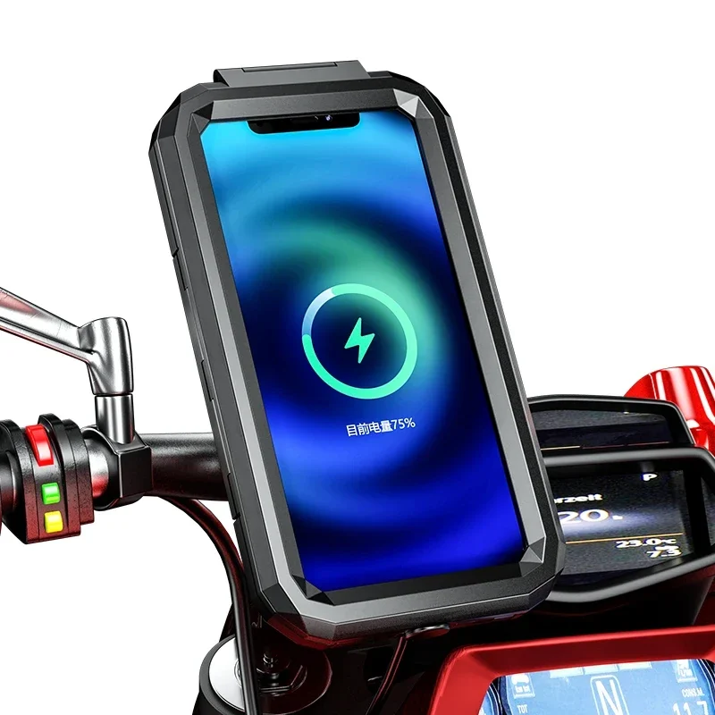 Waterproof motorcycle phone case with optional wireless charging, compatible with phones up to 6.8 inches — representative supplier photograph
