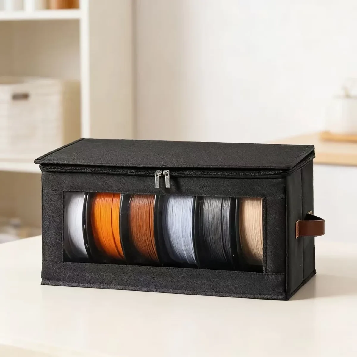 Fabric storage box for 3D printer filament spools, with window — representative supplier photograph