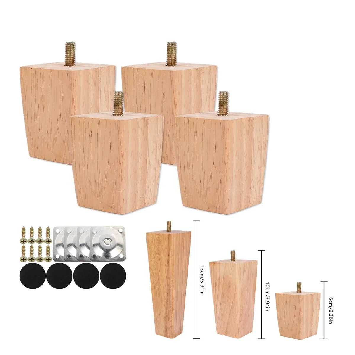 Square tapered wooden furniture legs, set of 4, 6 to 15 cm — representative supplier photograph