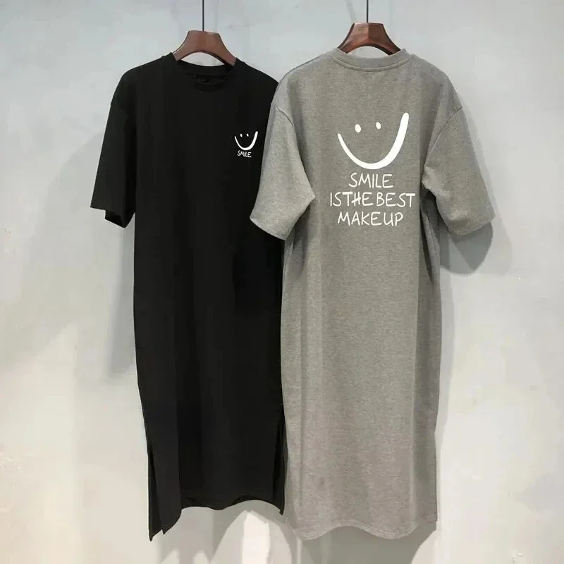 Women's loose short-sleeve T-shirt dress with smile print, mid-calf length