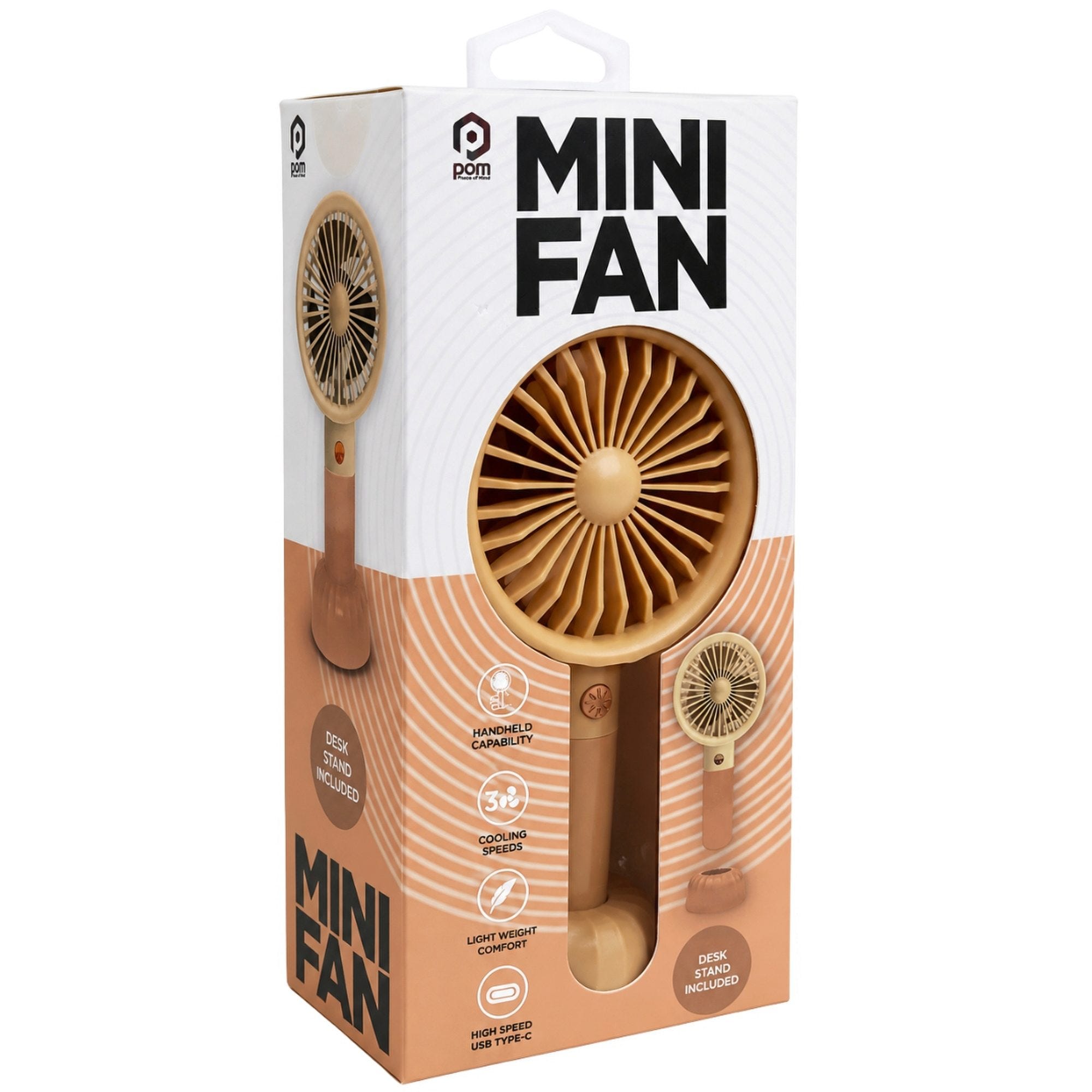 Bulk 12-Pack: POM Gear Rechargeable 3-Speed Mini Fan with Desk Stand in Peach