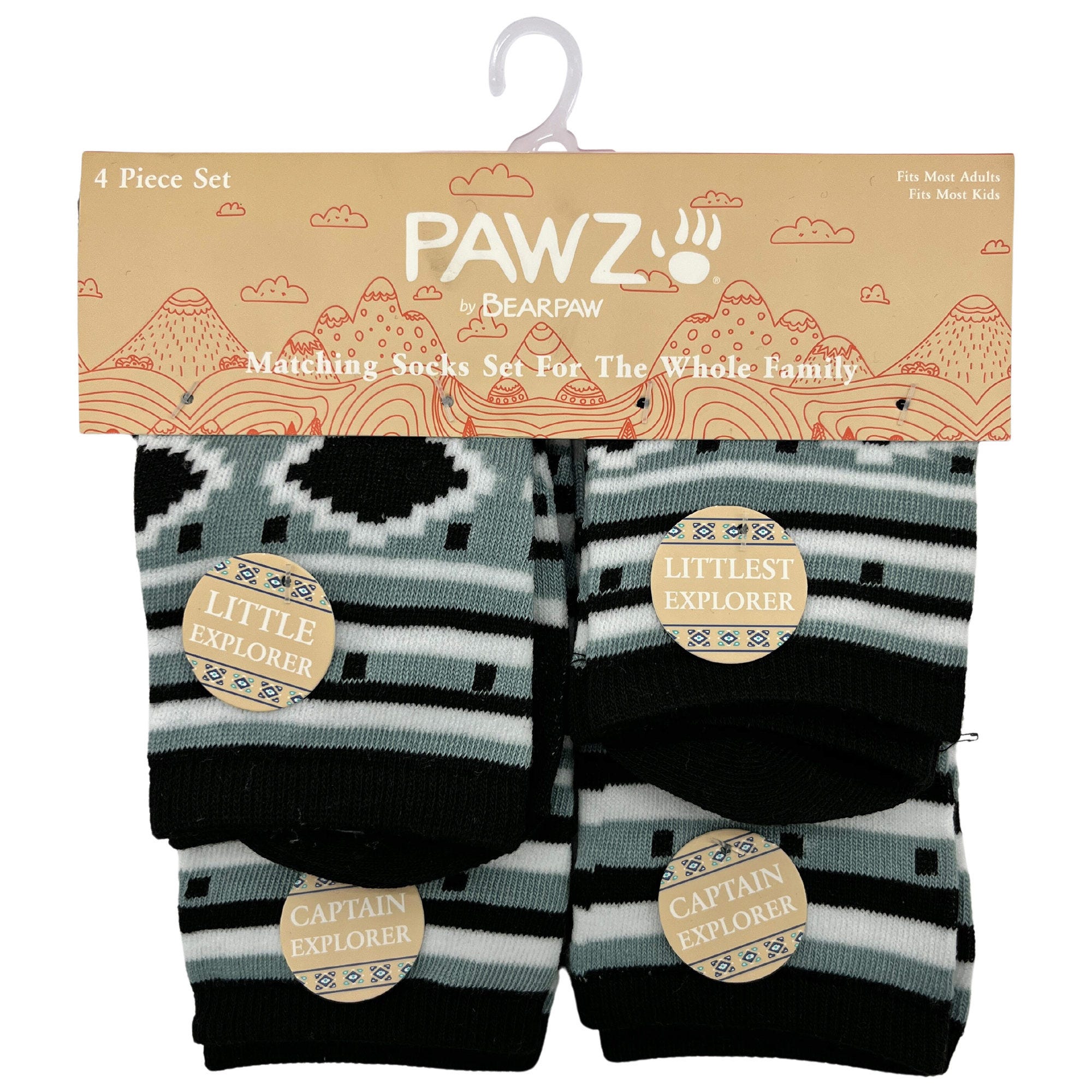 Bulk 12-Pack: BearPaw 4 Piece Assorted Sizes Family Matching Crew Socks in Black Striped Explorer Design