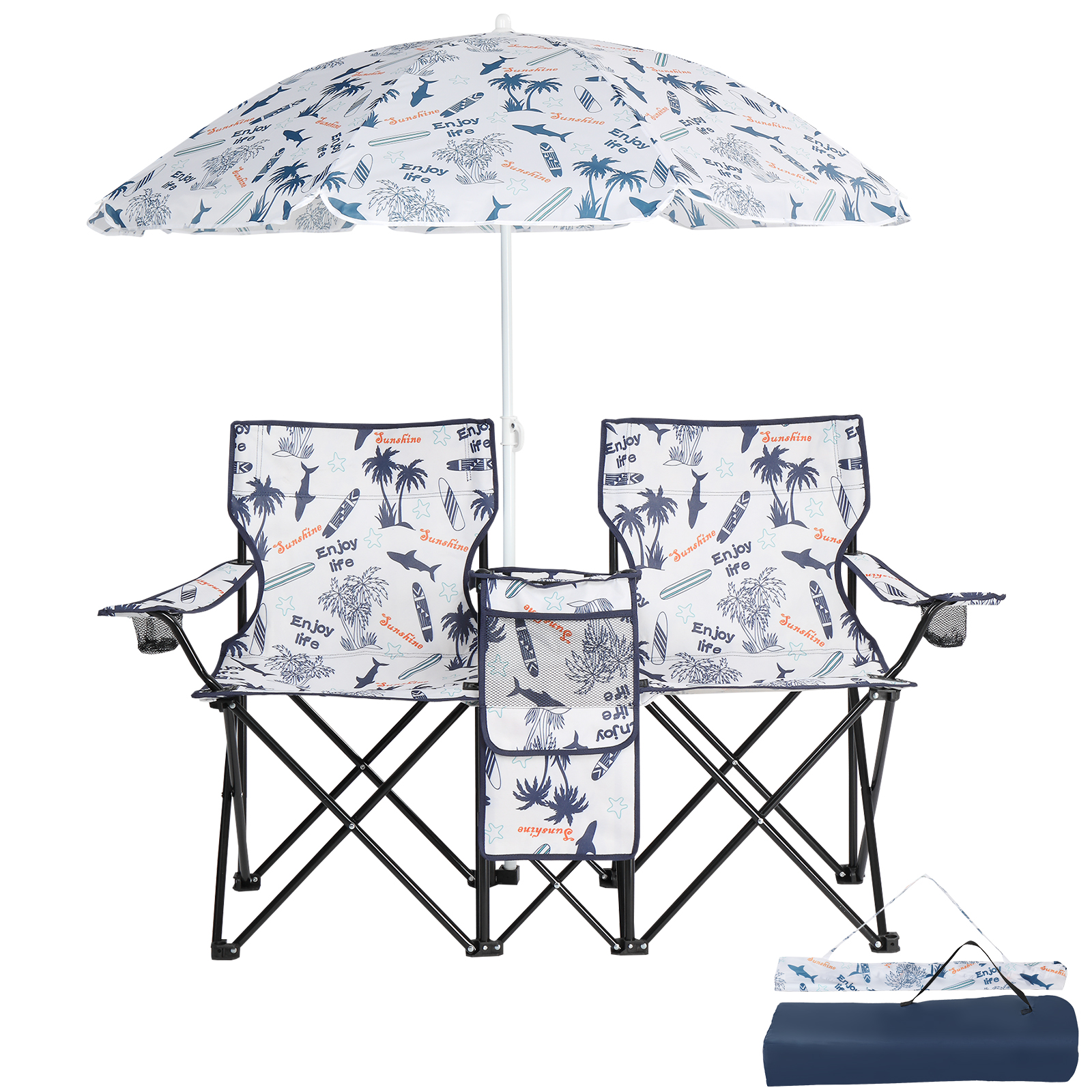 59x19.6x31in, Coconut Tree Pattern, Fishing Chair With Parasol, Camping Chairs — Coconut tree motif