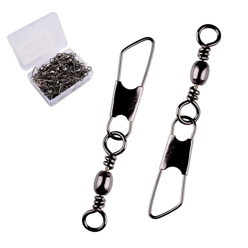 Barrel fishing swivels with interlock snaps, box of 50 — representative supplier photograph