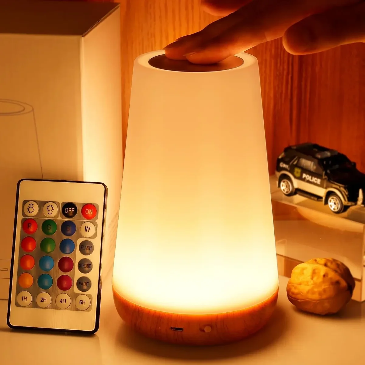 Rechargeable colour-changing bedside lamp with touch control and remote — representative supplier photograph