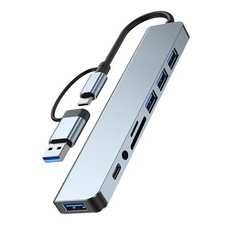 USB-A and USB-C hub with card reader and audio jack — representative supplier photograph