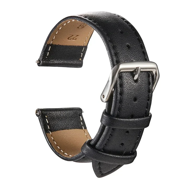 Leather watch strap with stitched edge and pin buckle, 18 to 24 mm — representative supplier photograph