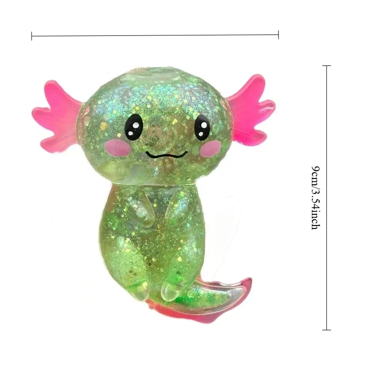 Glitter axolotl squeeze toy, soft and stretchy, about 9 cm — representative supplier photograph