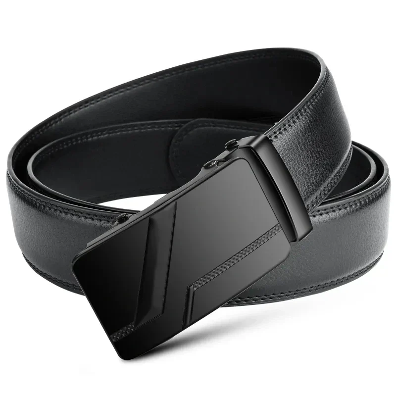 Black faux leather belt with automatic slide buckle, 110 to 130 cm — representative supplier photograph