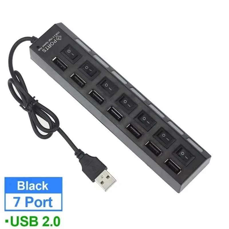 7-port USB 2.0 hub with individual switches, black — representative supplier photograph