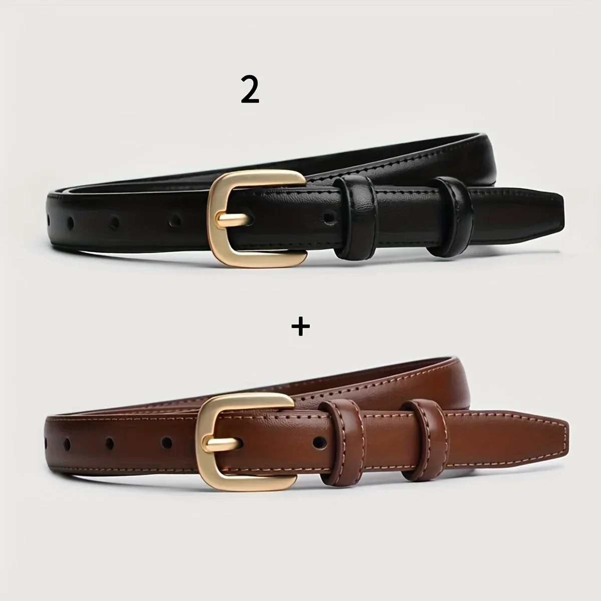 Slim pin-buckle belts, black and brown, 2-pack — representative supplier photograph