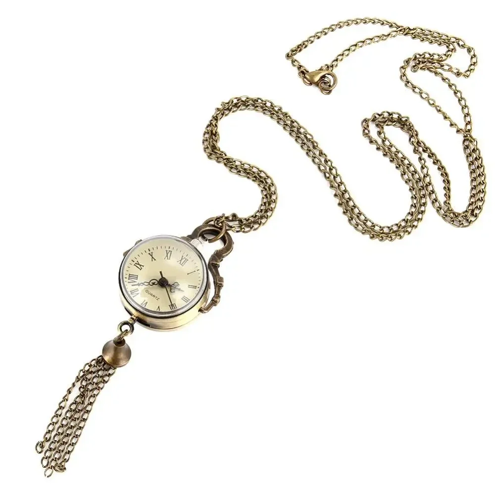 Glass ball pocket watch necklace with tassel, bronze tone — representative supplier photograph