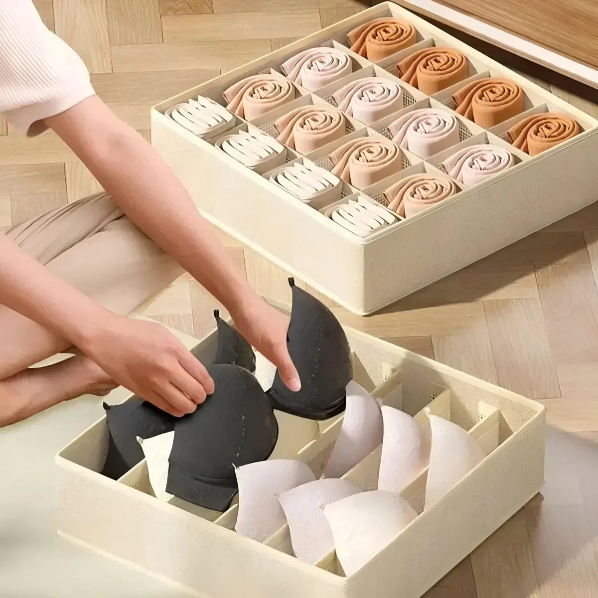 Fabric drawer organizer for bras and underwear, 7 compartments, 32 x 32 x 10 cm, khaki — representative supplier photograph