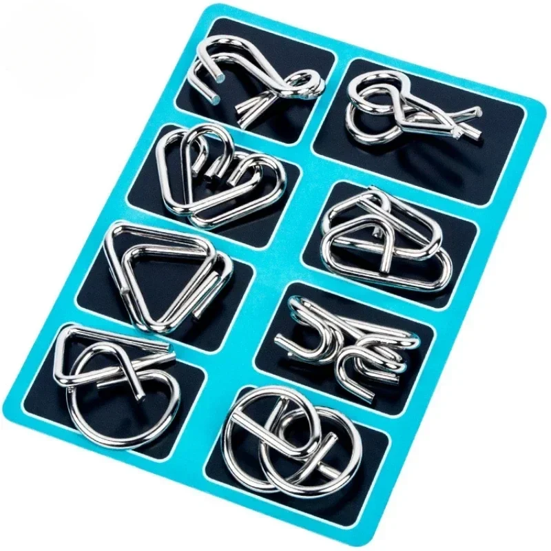 Metal wire brain teaser puzzles, set of 8 — representative supplier photograph