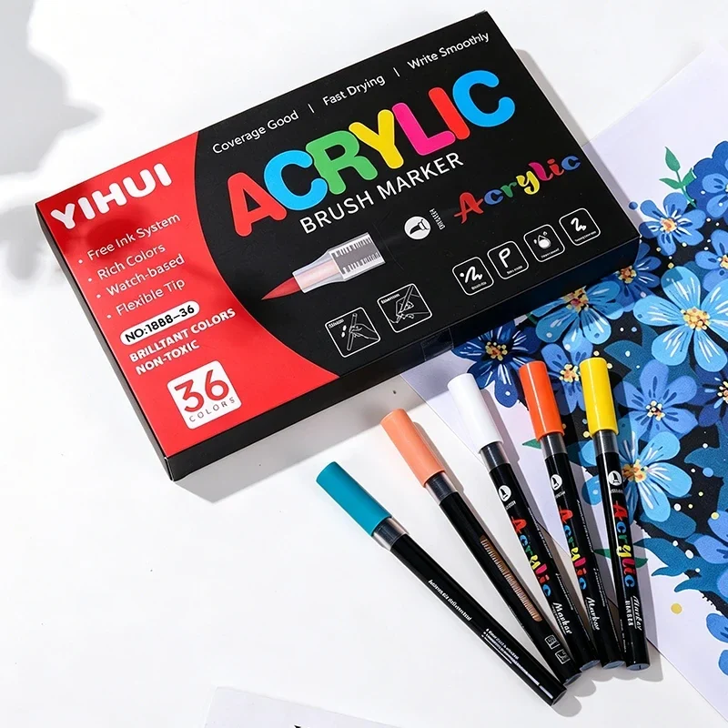 Acrylic paint marker pens with soft brush tips, sets of 12 to 60 colours — representative supplier photograph