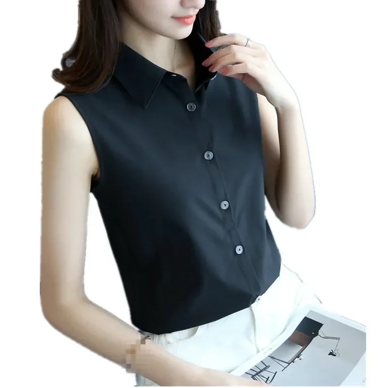 Women's sleeveless collared button-front blouse, black or white, S to 4XL — representative supplier photograph