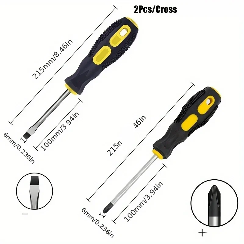Magnetic-tip screwdriver pair, Phillips and slotted, cushion grip — representative supplier photograph