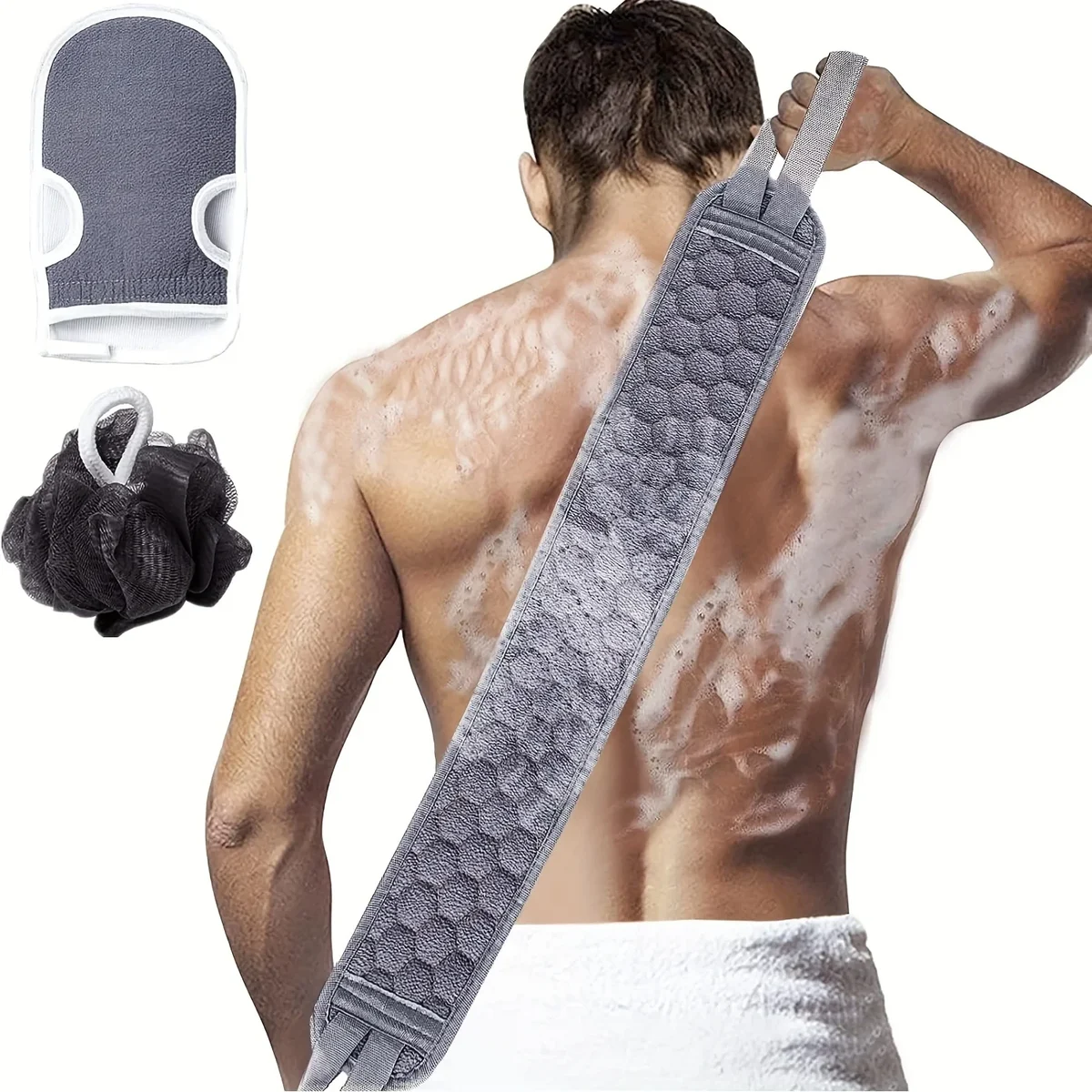Exfoliating bath set: back strap, mitt and mesh pouf — representative supplier photograph